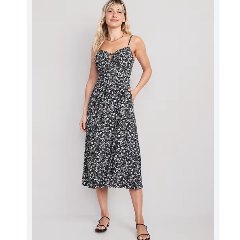 Old Navy Fit & Flare Sleeveless Floral Midi Dress in Black Ditsy Floral